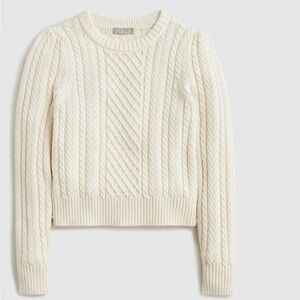 J.Crew XS Cable-knit Puff-Sleeve Crewneck Sweater in Antique White Ivory